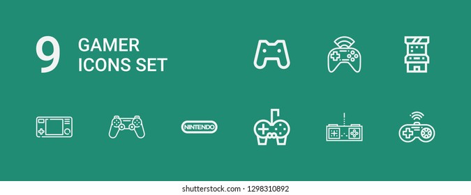 Editable 9 gamer icons for web and mobile. Set of gamer included icons line Gamepad, Nintendo, Arcade game on green background