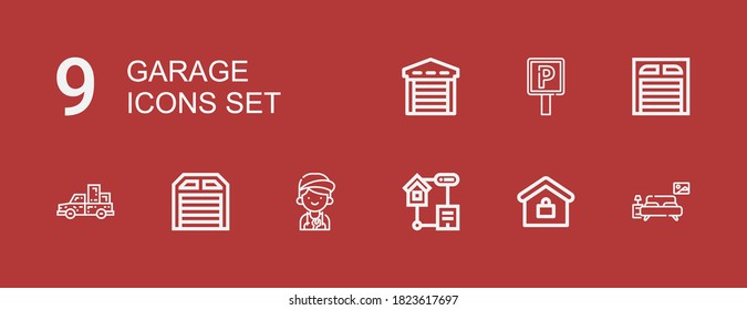 9 iconos de garaje editables para web y móvil. Set de garaje incluido íconos línea Dormitorio, Inmobiliario, Smart home, Mechanic, Garage, Pickup truck, Signo de estacionamiento en fondo rojo