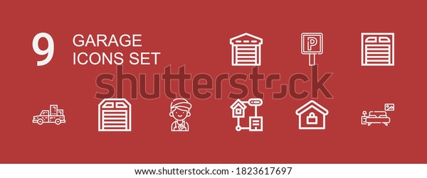Editable 9 garage\
icons for web and mobile. Set of garage included icons line\
Bedroom, Real estate, Smart home, Mechanic, Garage, Pickup truck,\
Parking sign on red\
background