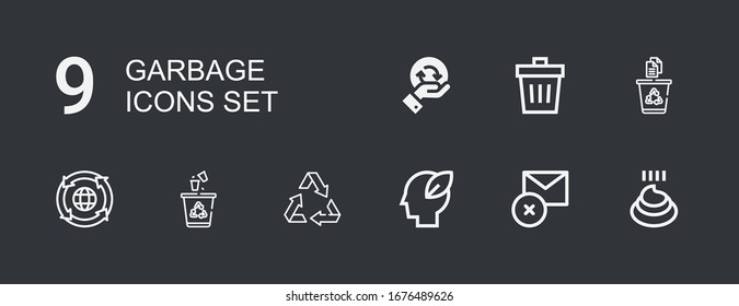 Editable 9 garbage icons for web and mobile. Set of garbage included icons line Poo, Delete, Ecology, Recycle, Recycling, Trash on dark background