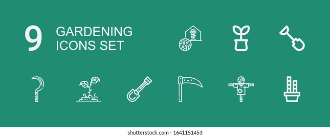 Editable 9 gardening icons for web and mobile. Set of gardening included icons line Bamboo, Scarecrow, Scythe, Shovel, Plant, Greenhouse on green background
