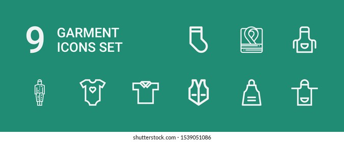 Editable 9 garment icons for web and mobile. Set of garment included icons line Apron, Vest, Polo shirt, Baby clothes, Dress, Robe, Socks on green background
