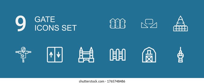 Editable 9 gate icons for web and mobile. Set of gate included icons line Fernsehturm berlin, Barn, Fence, Tower bridge, Elevator, Scarecrow, Custome on blue background