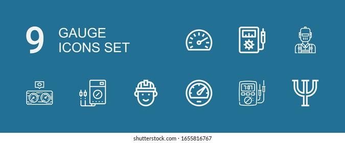 Editable 9 gauge icons for web and mobile. Set of gauge included icons line Psi, Ammeter, Speedometer, Engineering, Voltmeter, Pressure, Engineer on blue background