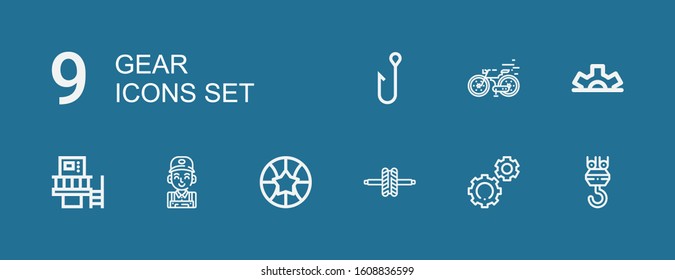 Editable 9 gear icons for web and mobile. Set of gear included icons line Hook, Settings, Wheel, Basketball, Mechanic, Machine, Cogwheel, Bike on blue background