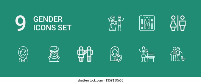 Editable 9 gender icons for web and mobile. Set of gender included icons line Couple, Woman suffrage, Woman, Equality, Girl, Restrooms, Equalizer on green background