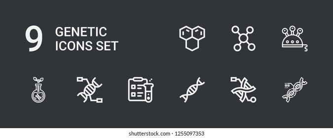 Editable 9 genetic icons for web and mobile. Set of genetic included icons line Dna, Genetic, Science, Transgenics, Molecule on dark background