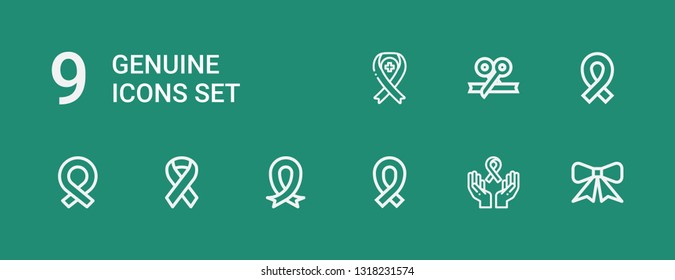 Editable 9 genuine icons for web and mobile. Set of genuine included icons line Ribbon on green background