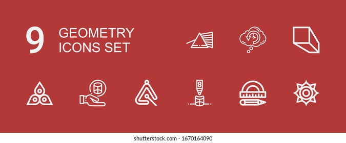 Editable 9 geometry icons for web and mobile. Set of geometry included icons line Chakra, Protractor, Cylinder, Triangle, Minerals, Retrocognition, Prism on red background