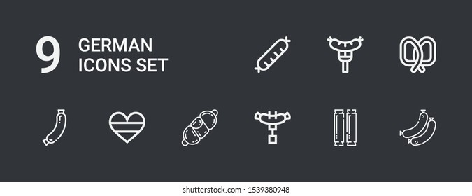 Editable 9 german icons for web and mobile. Set of german included icons line Sausages, Sausage, Germany, Pretzel on dark background