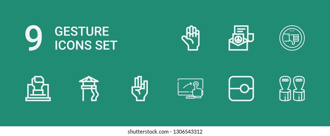 Editable 9 gesture icons for web and mobile. Set of gesture included icons line Hand grip, Slide, Touch screen, Hand, Fist, Thumb down, Peace on green background