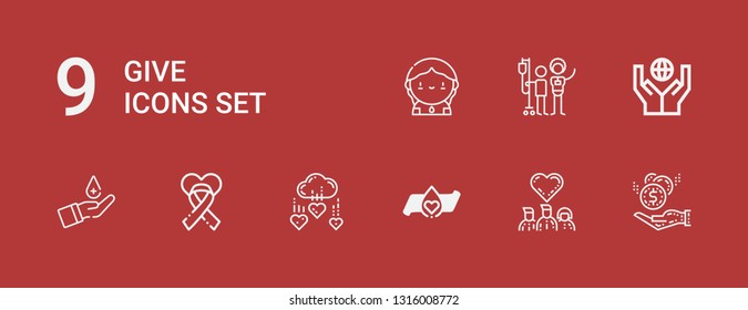 Editable 9 give icons for web and mobile. Set of give included icons line Donation, Donors, Blood donation, Charity, Donor on red background