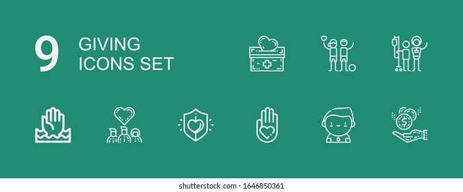 Editable 9 giving icons for web and mobile. Set of giving included icons line Donation, Donor, Blood donation, Charity, Donors, Help on green background