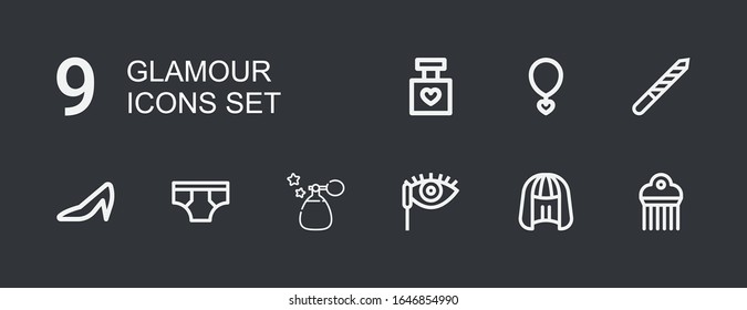 Editable 9 glamour icons for web and mobile. Set of glamour included icons line Comb, Wig, Mascara, Perfume, Underwear, Heels, Nail file, Necklace on dark background
