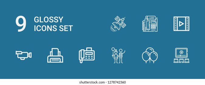Editable 9 glossy icons for web and mobile. Set of glossy included icons line Video, Balloons, Balloon, Fax, Printer, Satellite on blue background