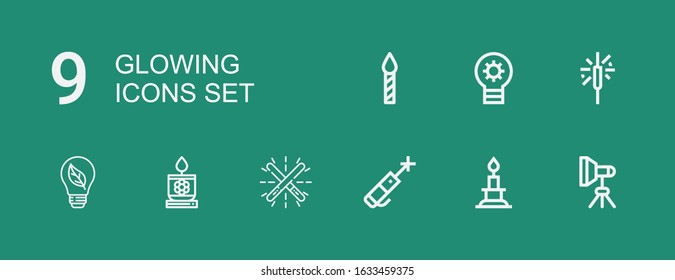 Editable 9 glowing icons for web and mobile. Set of glowing included icons line Light, Candle, Laser pen, Glow, Bulb, Sparkler, Lightbulb on green background