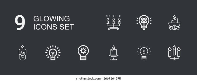 Editable 9 glowing icons for web and mobile. Set of glowing included icons line Candles, Lightbulb, Candle, Light on dark background