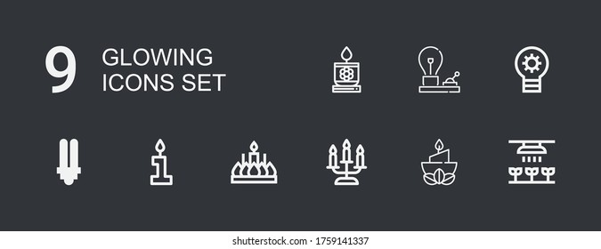Editable 9 glowing icons for web and mobile. Set of glowing included icons line Light, Candle, Lightbulb, Bulb on dark background