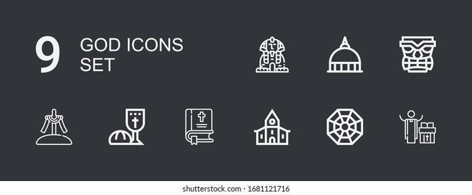Editable 9 god icons for web and mobile. Set of god included icons line Priest, Pagan, Church, Bible, Last supper, Calvary, Tiki, Vatican, Sphinx on dark background