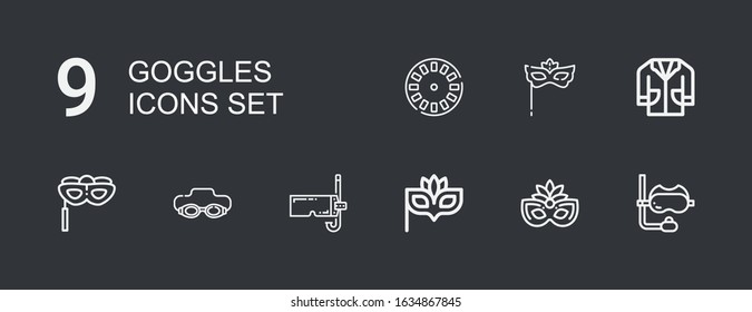 Editable 9 goggles icons for web and mobile. Set of goggles included icons line Snorkel, Eye mask, Diving mask, Goggle, Lab coat, Stereoscope on dark background