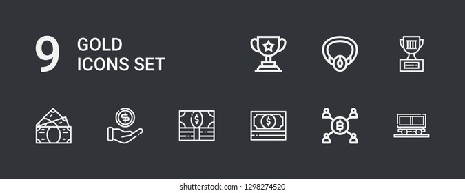Editable 9 gold icons for web and mobile. Set of gold included icons line Mine, Mining, Money, Trophy, Necklace on dark background