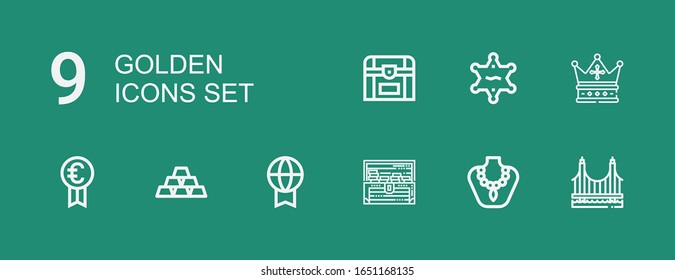 Editable 9 golden icons for web and mobile. Set of golden included icons line Golden gate, Necklace, Treasure, Prize, Ingots, Crown, Sheriff, Chest on green background