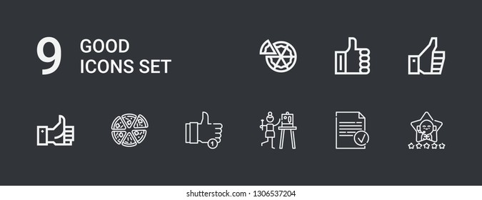 Editable 9 good icons for web and mobile. Set of good included icons line Satisfaction, Done, Like, Pizza, Thumbs up on dark background