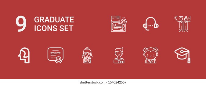 Editable 9 graduate icons for web and mobile. Set of graduate included icons line Mortarboard, Student, Diploma, Graduation, Lesson on red background