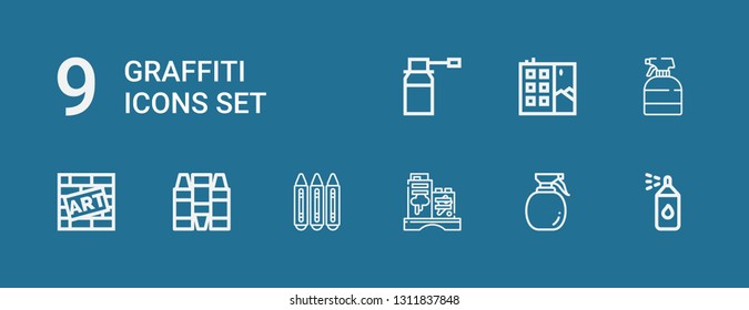 Editable 9 graffiti icons for web and mobile. Set of graffiti included icons line Paint spray, Spray, Graffiti, Crayons on blue background