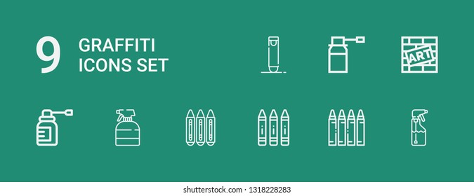 Editable 9 graffiti icons for web and mobile. Set of graffiti included icons line Spray, Crayon, Crayons, Graffiti on green background