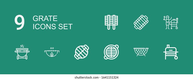 Editable 9 grate icons for web and mobile. Set of grate included icons line Grill, Grate on green background