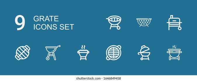 Editable 9 grate icons for web and mobile. Set of grate included icons line Grill, Grate on blue background