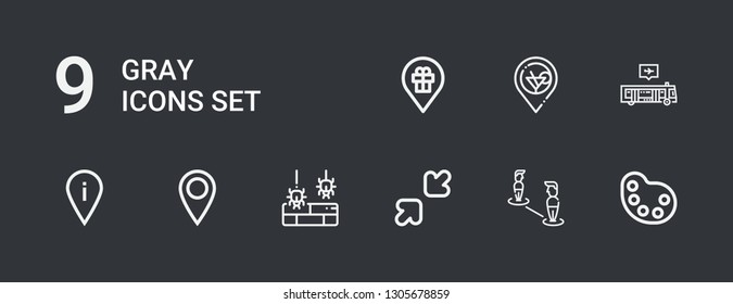 Editable 9 gray icons for web and mobile. Set of gray included icons line Palette, Placeholder, Resize, Unprotected, Bus on dark background
