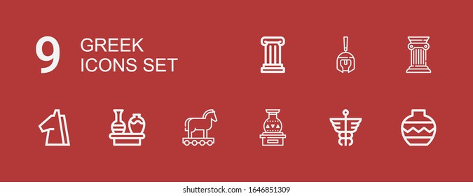 Editable 9 greek icons for web and mobile. Set of greek included icons line Vase, Caduceus, Trojan, Column, Roman helmet on red background