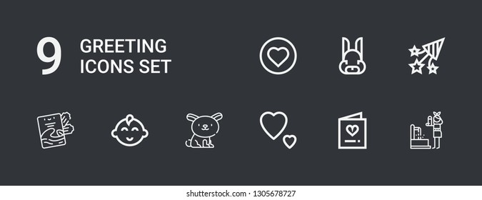 Editable 9 greeting icons for web and mobile. Set of greeting included icons line Fountain, Invitation, Love, Rabbit, Baby boy, Confetti on dark background