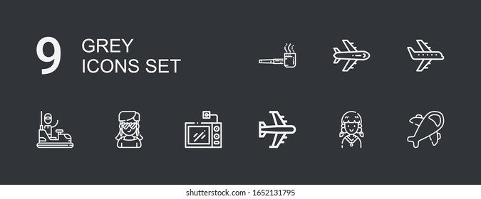 Editable 9 grey icons for web and mobile. Set of grey included icons line Airplane, Girl, Microwave, Bumper car, Smoking pipe on dark background
