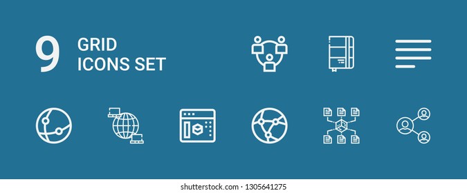 Editable 9 grid icons for web and mobile. Set of grid included icons line Network, d modeling, Align left, Sketchbook on blue background