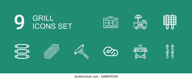 Editable 9 grill icons for web and mobile. Set of grill included icons line Brochette, Grill, Meat, Sausage, Hot dog, Ribs, Bbq on green background