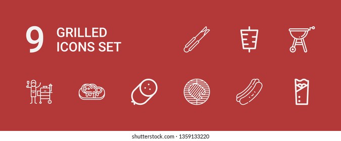 Editable 9 grilled icons for web and mobile. Set of grilled included icons line Kebab, Hot dog, Barbecue, Sausage, Steak, Grill, Tongs on red background