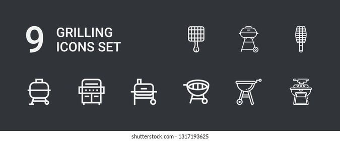 Editable 9 grilling icons for web and mobile. Set of grilling included icons line Bbq, Grill, BBQ grill, Barbecue grill on dark background