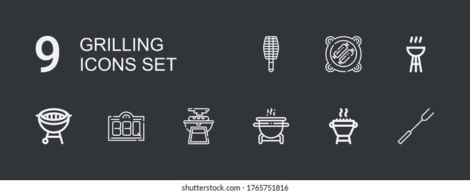 Editable 9 grilling icons for web and mobile. Set of grilling included icons line Barbecue fork, Grill, Bbq, BBQ grill on dark background