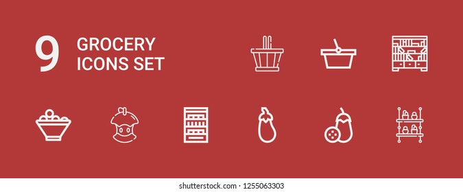 Editable 9 grocery icons for web and mobile. Set of grocery included icons line Shelf, Aubergine, Shelves, Bitten apple, Fruit bowl, Basket on red background