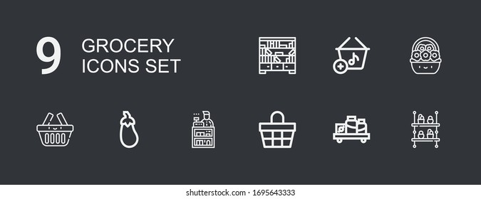 Editable 9 grocery icons for web and mobile. Set of grocery included icons line Shelf, Basket, Clerk, Aubergine, Shelves on dark background