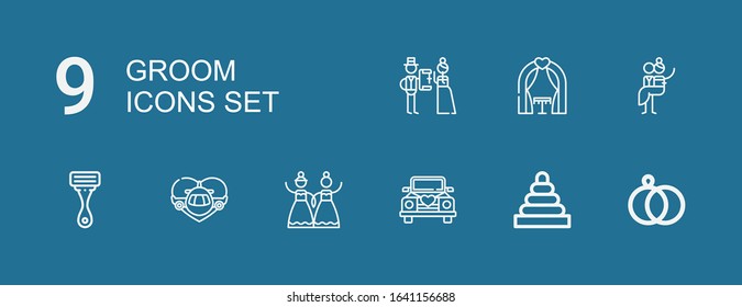Editable 9 groom icons for web and mobile. Set of groom included icons line Wedding rings, Rings, Wedding car, Wedding, Honeymoon, Razor, Newlyweds, arch on blue background