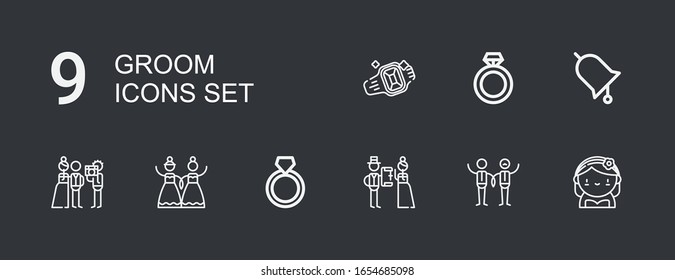 Editable 9 groom icons for web and mobile. Set of groom included icons line Bride, Wedding, Ring, Newlyweds on dark background