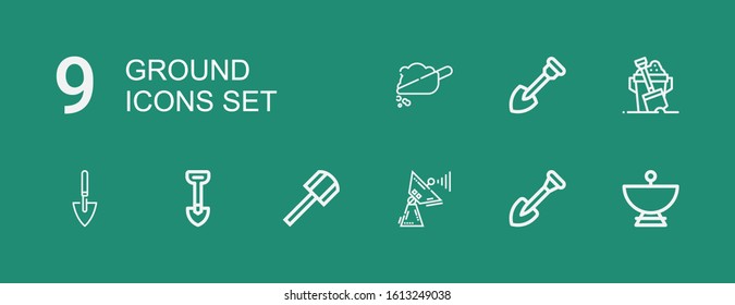 Editable 9 ground icons for web and mobile. Set of ground included icons line Satellite dish, Shovel, Sand, Soil on green background