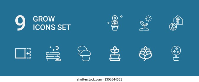 Editable 9 grow icons for web and mobile. Set of grow included icons line Money tree, Hop, Plant, Mushroom, Park, Crop, Greenhouse, Sprout, Growth on blue background