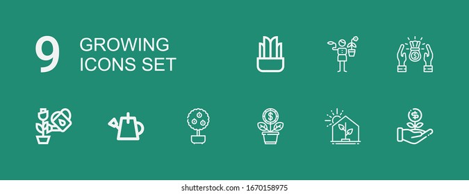 Editable 9 growing icons for web and mobile. Set of growing included icons line Sprout, Greenhouse, Growth, Money tree, Watering can, Plant, Profit, Gardener on green background