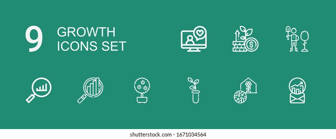 Editable 9 growth icons for web and mobile. Set of growth included icons line Stats, Greenhouse, Sprout, Money tree, Analytics, Statistics, Reforestation, Growth on green background