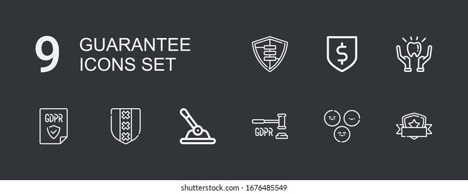 Iconos de garantía editables 9 para web y móvil. Conjunto de garantías incluidos iconos de línea Escudo, Satisfacción, GDPR, Control, Protección en fondo oscuro